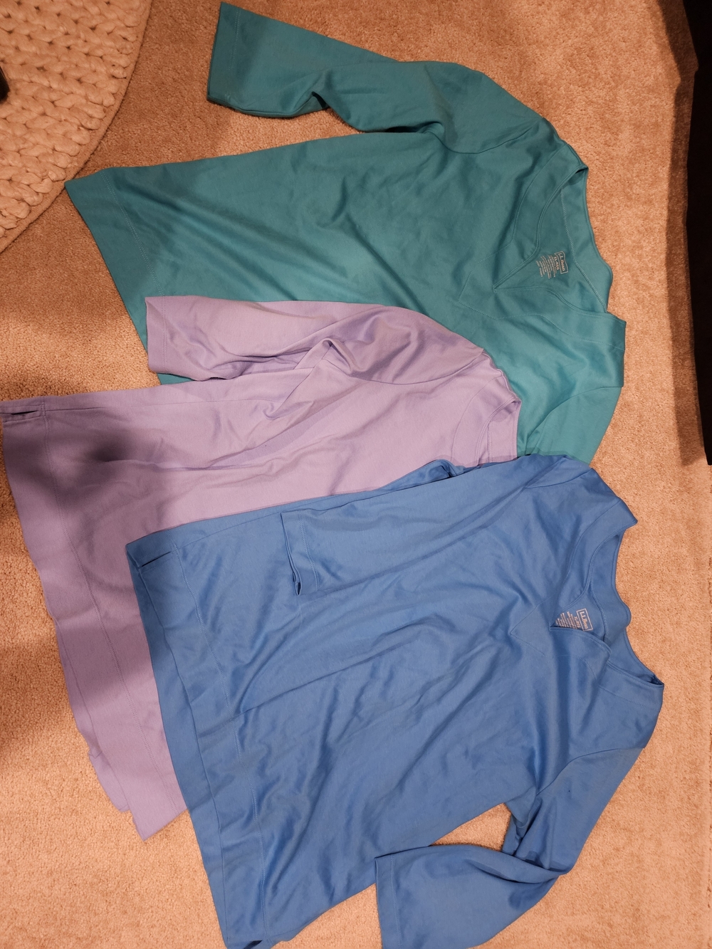 3 L.L. Bean Women's Blue Pullover Shirts, Teal, Light Blue And Darker Blue